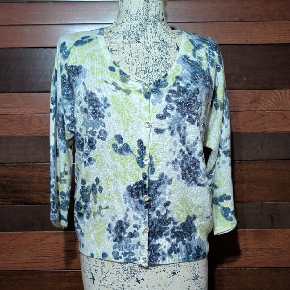 Christopher & Banks Blue and Green Floral Button-Down Sweater